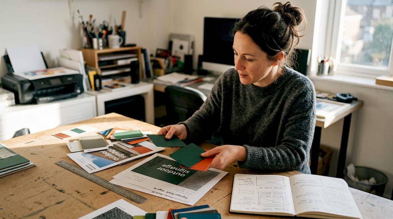 Designer evaluating signage colour contrast swatches