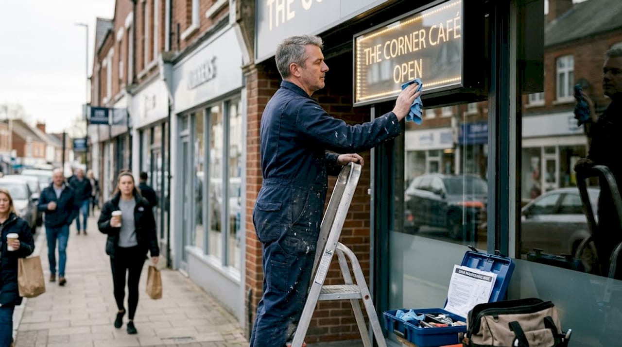 Technician cleaning LED sign above café