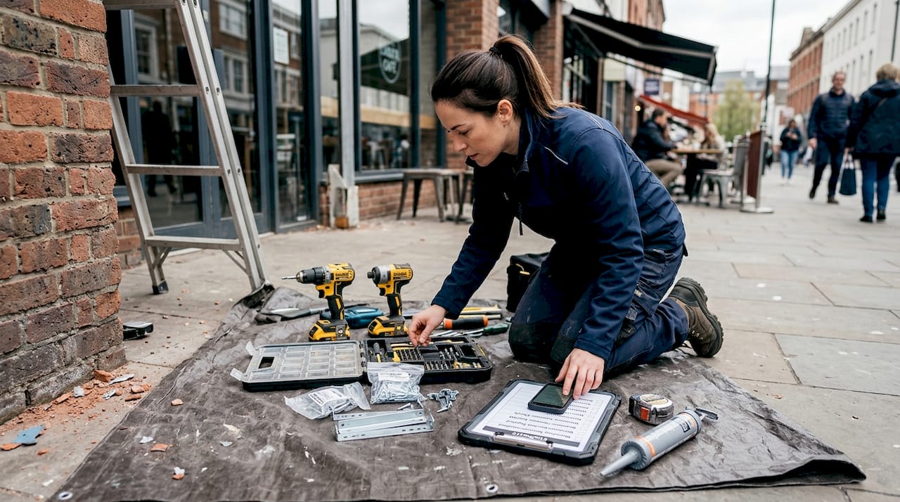 Installer prepares signage tools and site