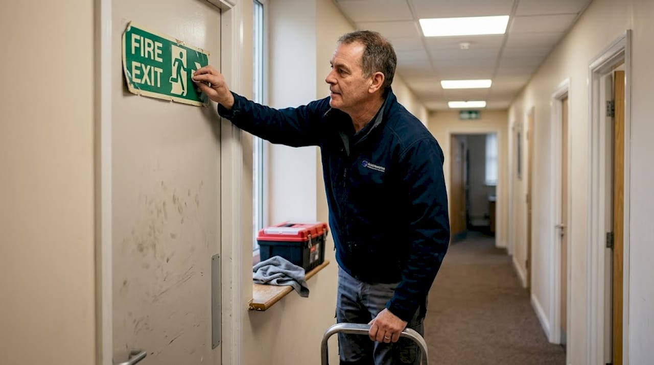 Worker inspecting worn indoor fire exit sign