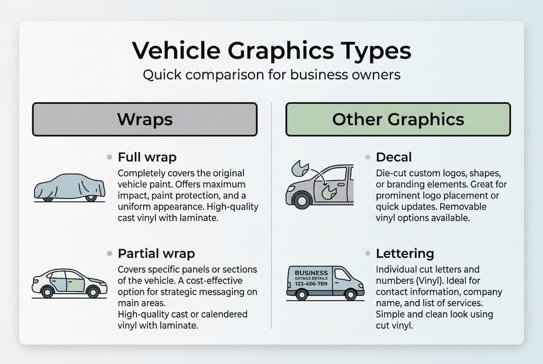 Infographic comparing vehicle wrap and decal types