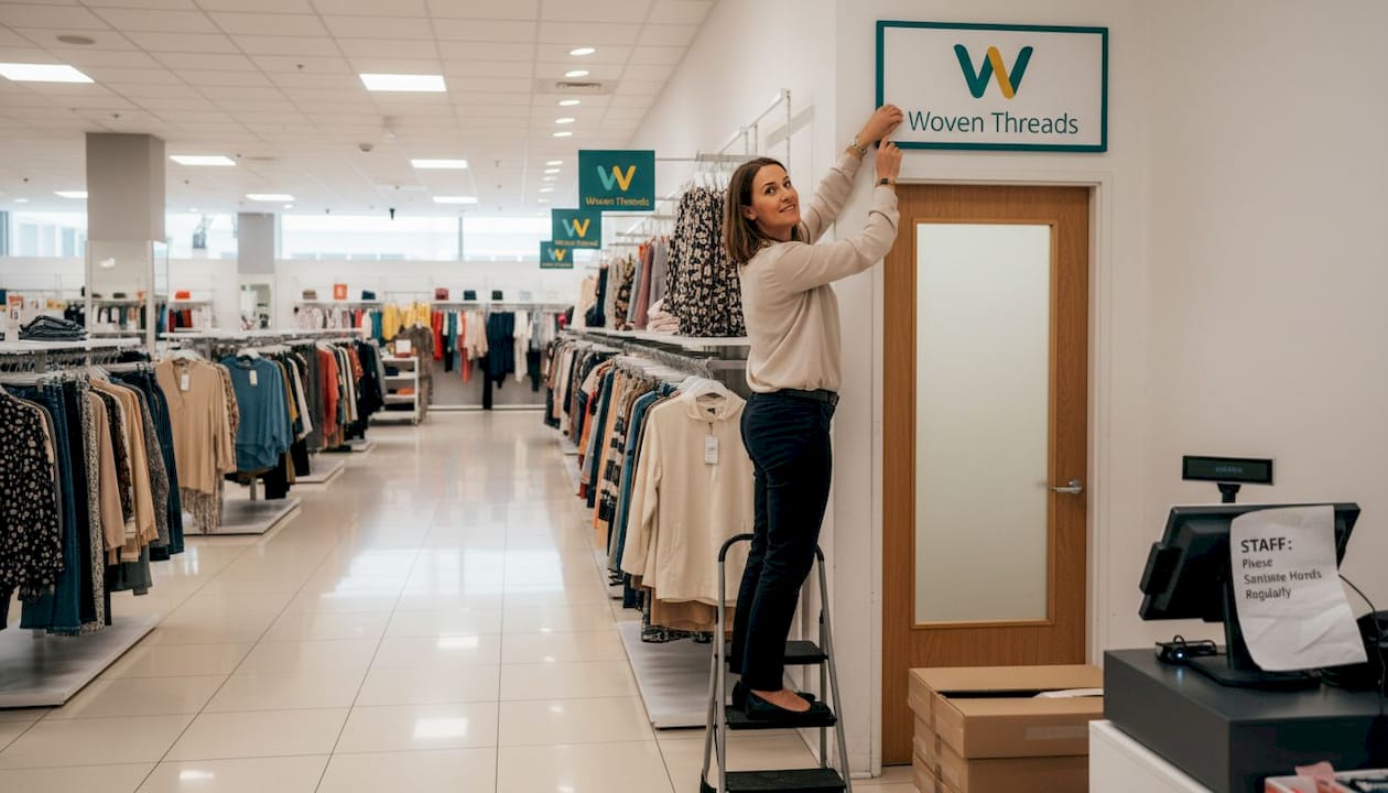 Manager adjusting branded store sign inside branch