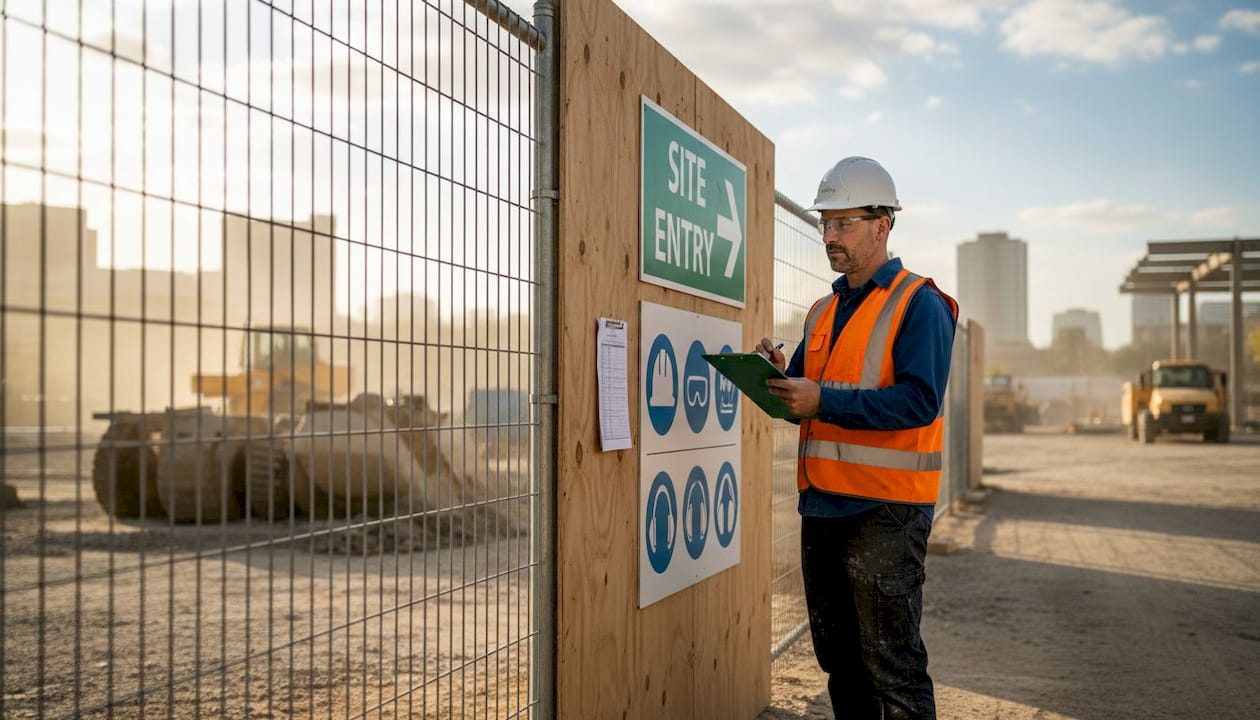 Construction site fence with safety signage