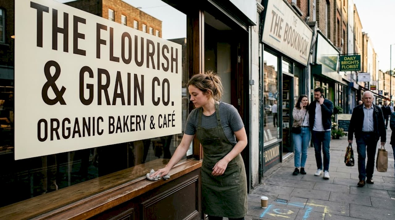 Contrasting shopfront sign on busy retail street