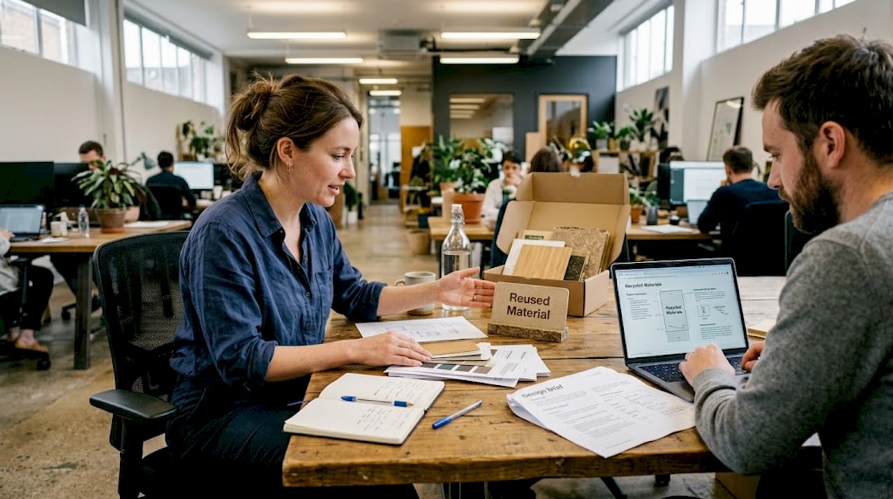 Team reviews sustainable signage materials at desk