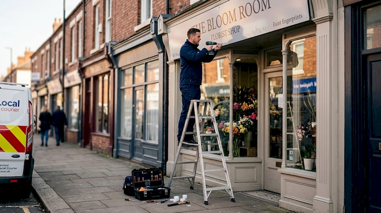 Sign fitter installing shop fascia sign