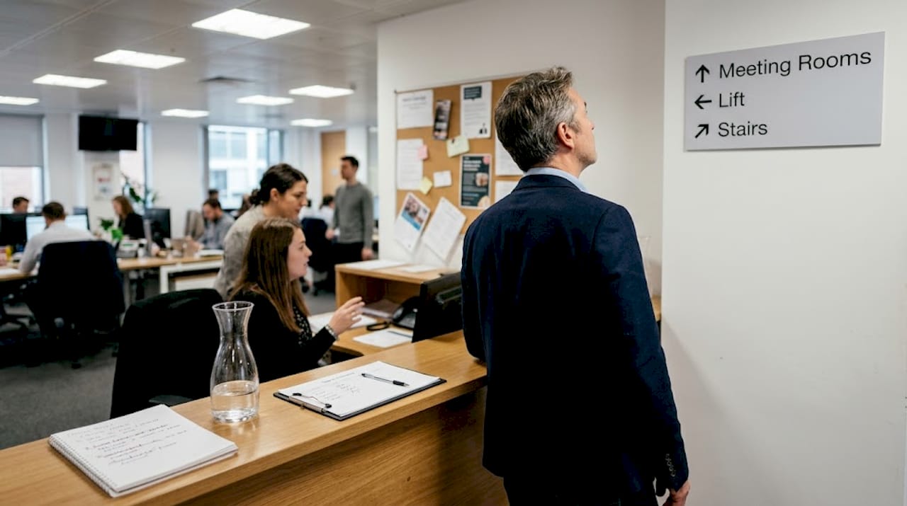 Visitor reading wayfinding sign at reception