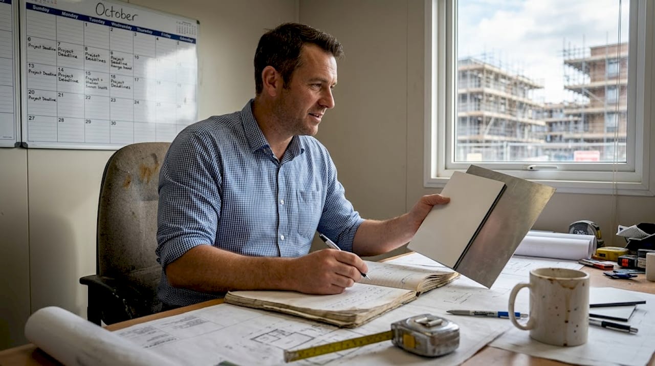 Supervisor comparing signage material samples