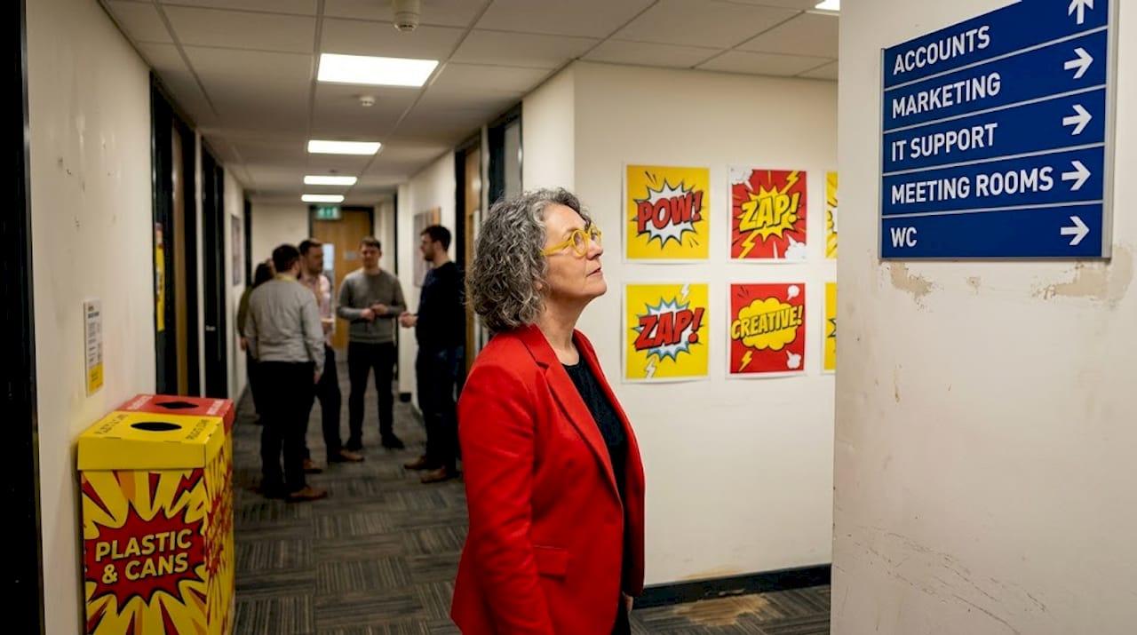 Employee referencing hallway wayfinding signage