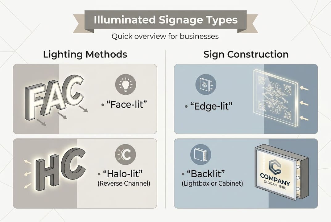 Infographic summarizing illuminated signage types