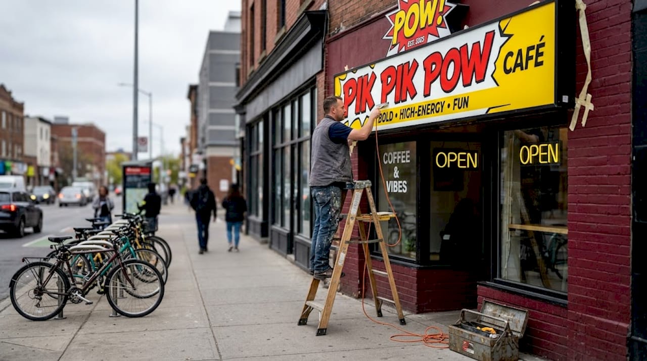 Installer working on café illuminated fascia sign