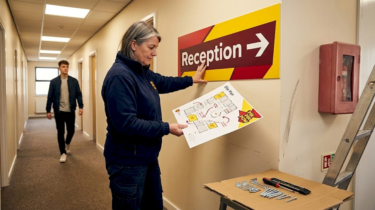 Manager mounting directional sign in office hallway