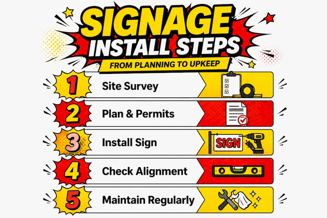 Vertical infographic showing five steps for installing signage