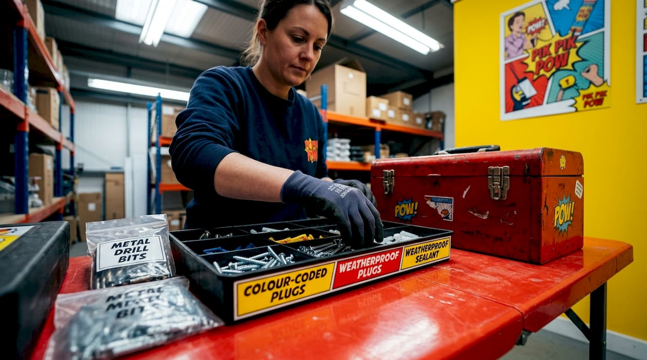 Installer sorts sign fixings on workbench