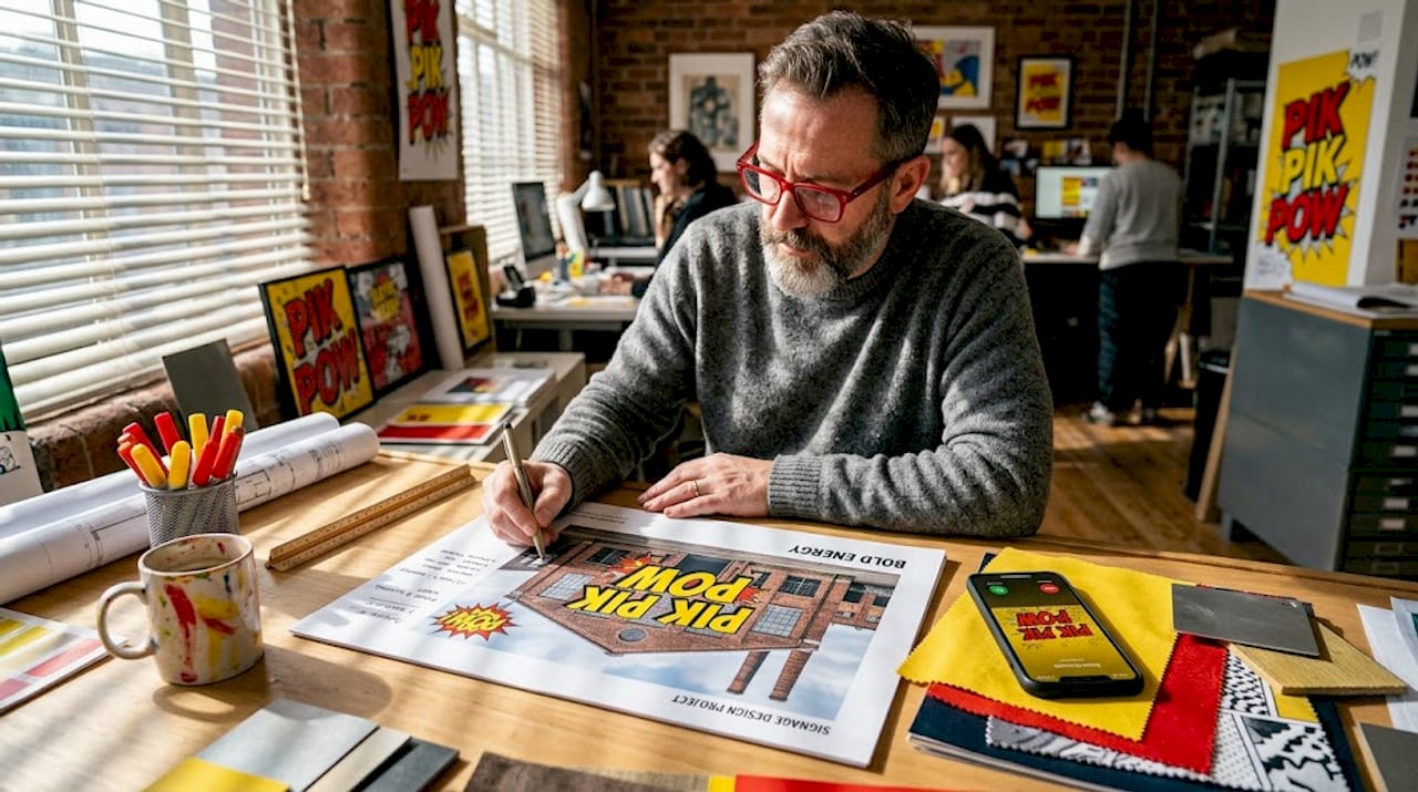 Designer reviewing building signage design