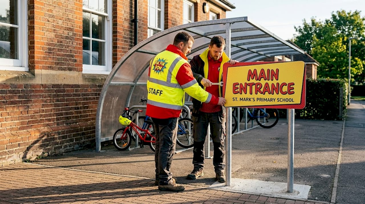 Staff installing outdoor school entrance sign