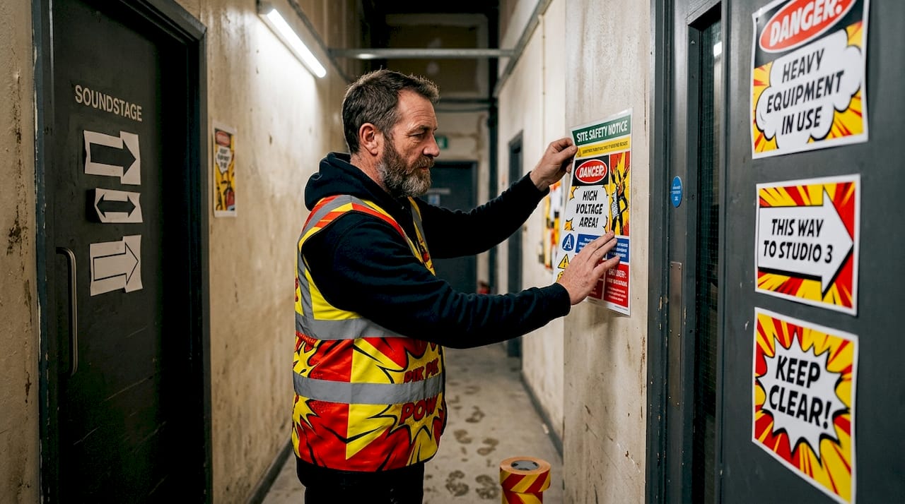 Crew member updating safety signage on set