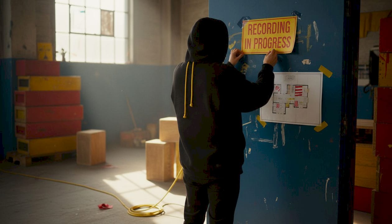 Production assistant updating recording signage on set