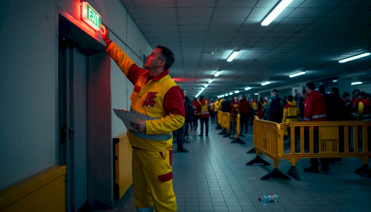 Technician inspecting emergency exit signage in corridor