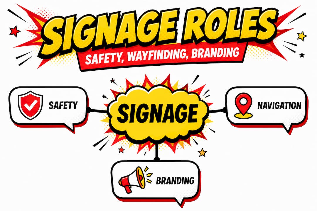 Infographic of signage roles: safety, navigation, branding