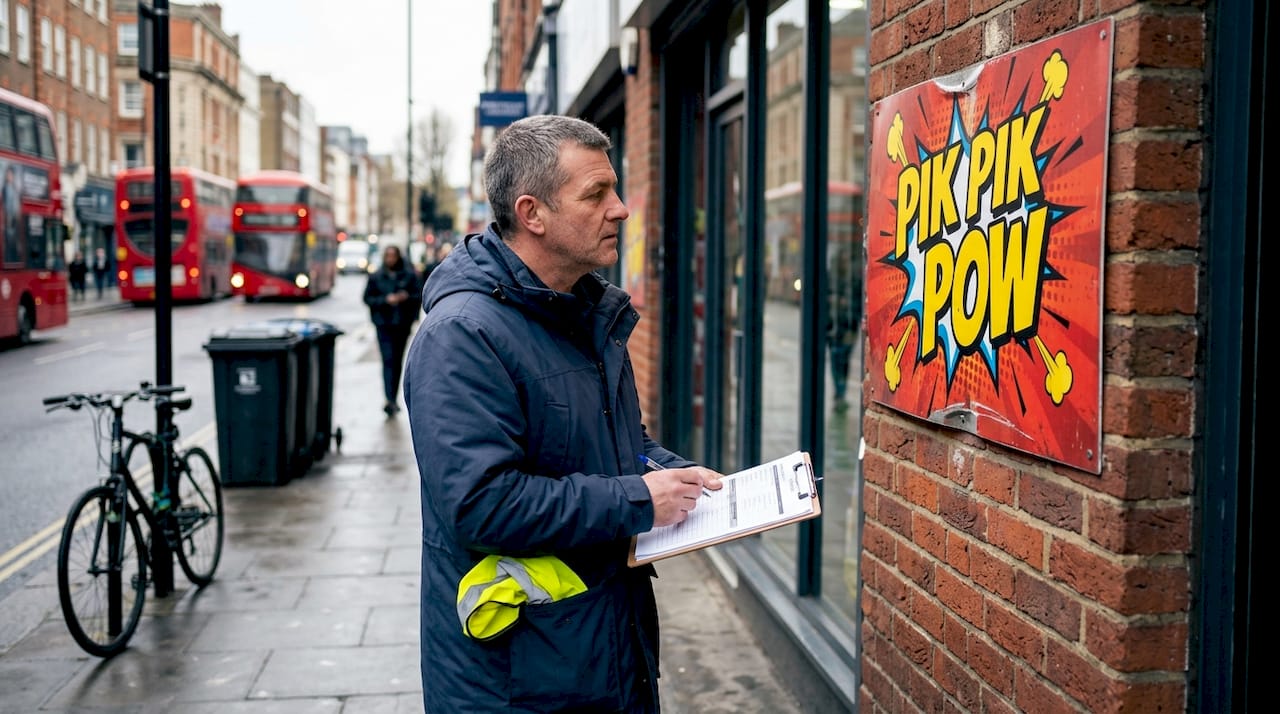 Manager inspects retail sign durability on city street