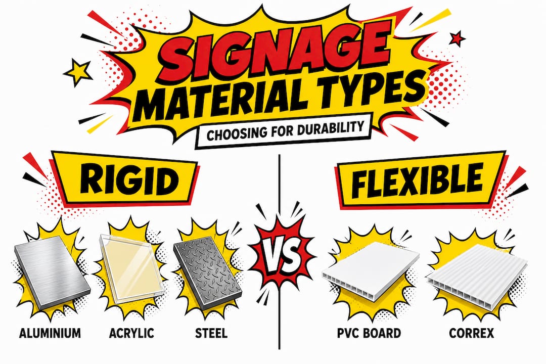 Infographic comparing rigid and flexible sign materials