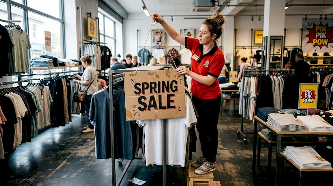 Retail worker installs seasonal temporary sign