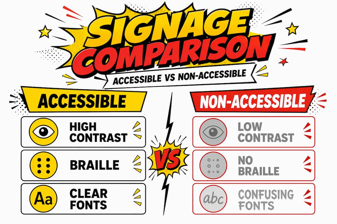 Infographic comparing accessible and non-accessible signage features