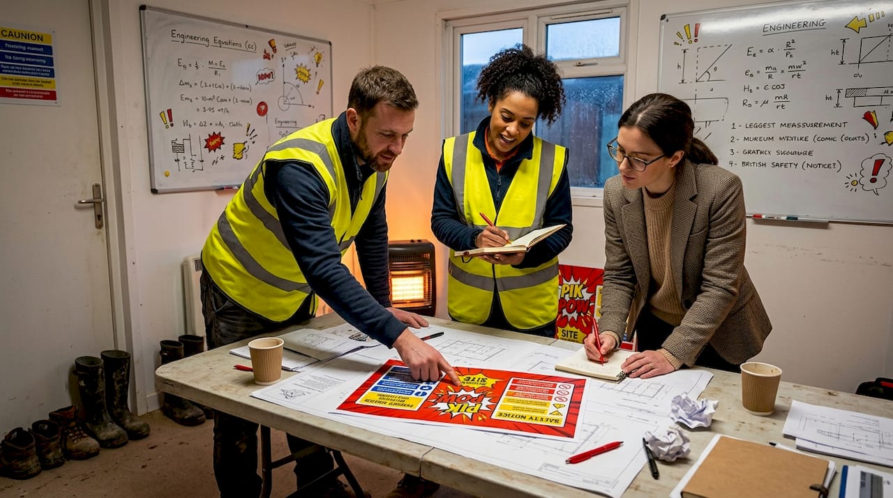 Team reviews site signage plans in office