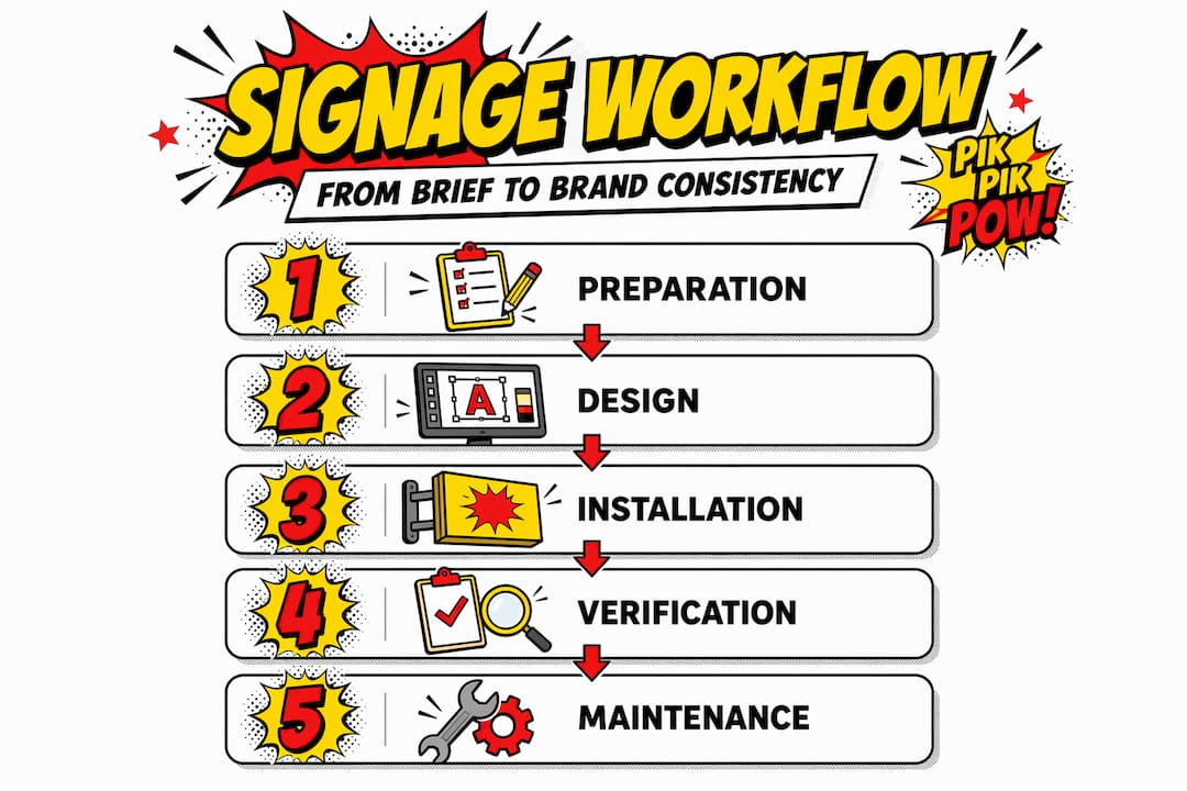 Infographic outlining signage workflow process steps