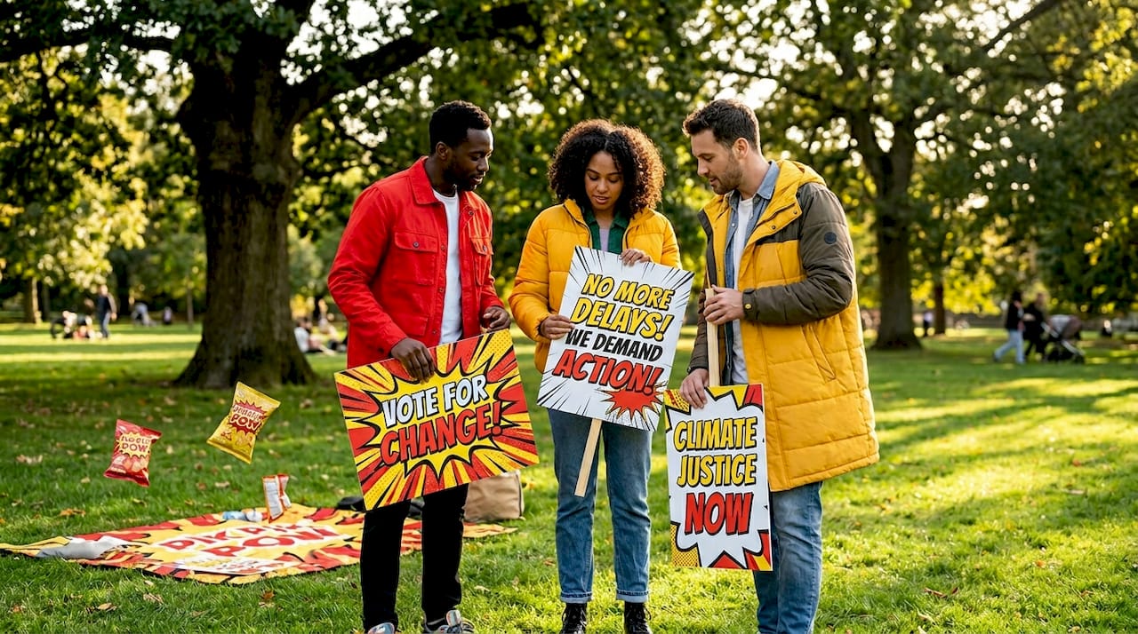 Actors between takes holding hero prop signs