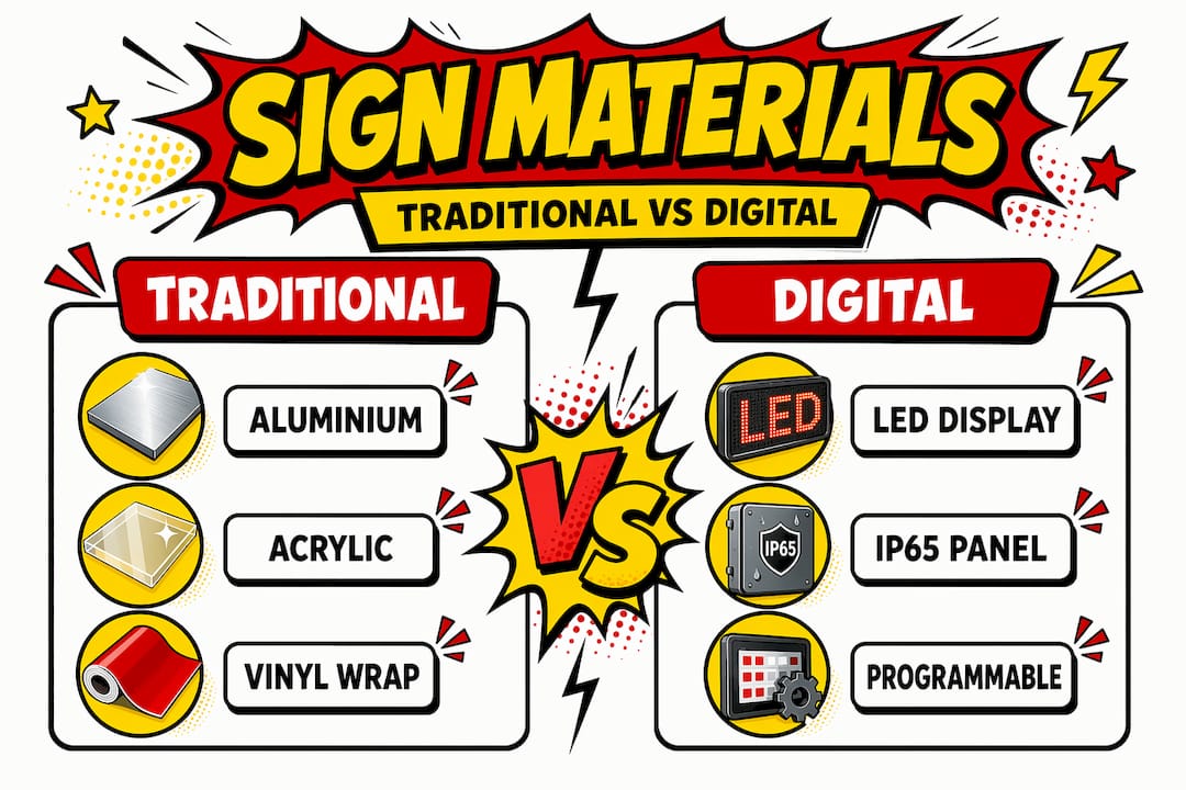 Infographic comparing traditional and digital sign materials