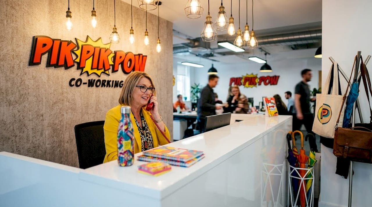 Receptionist at desk beneath branded corporate sign