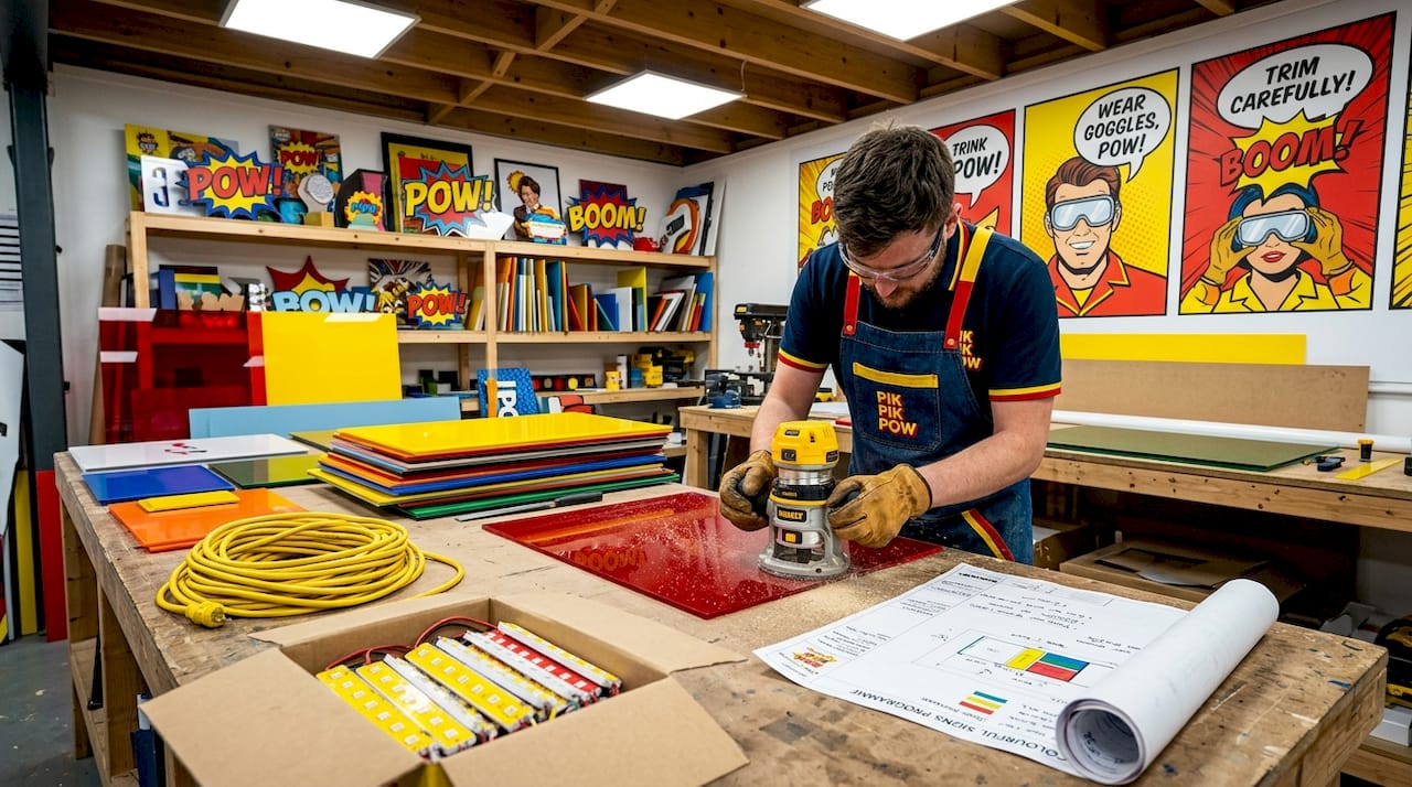 Technician fabricating bespoke signage in workshop