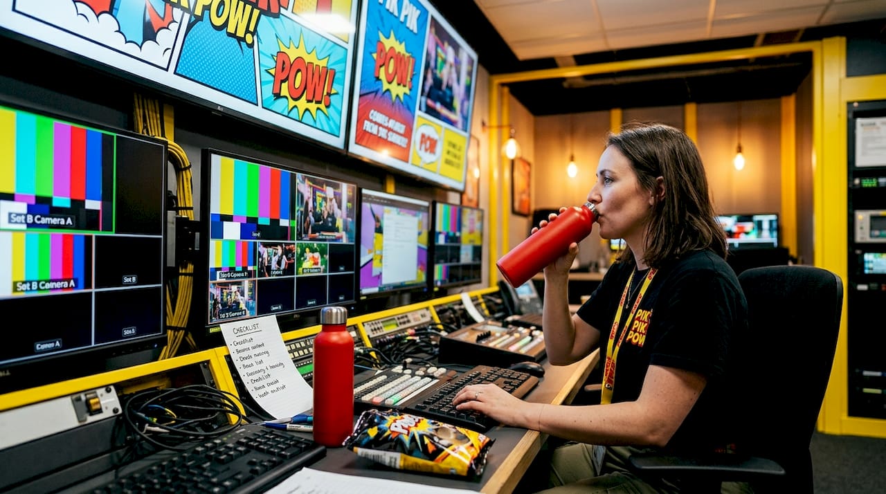 Broadcast control room technician and digital sign