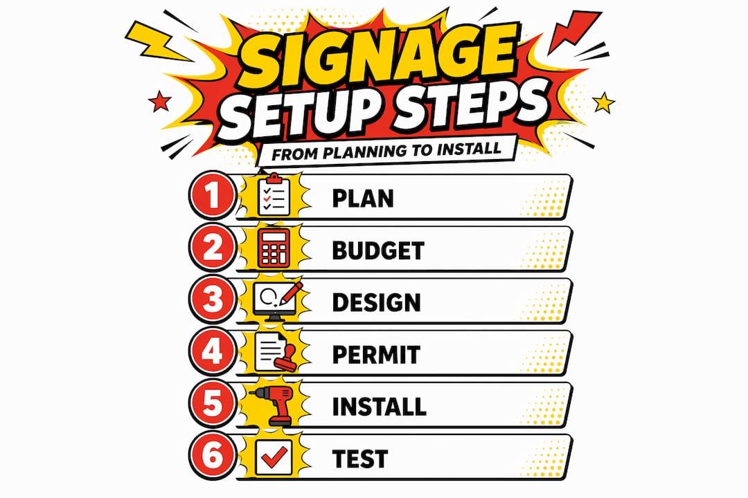 Infographic with signage setup process steps