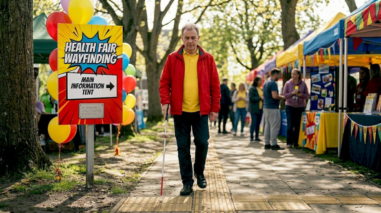 Man navigates corridor using accessible signage