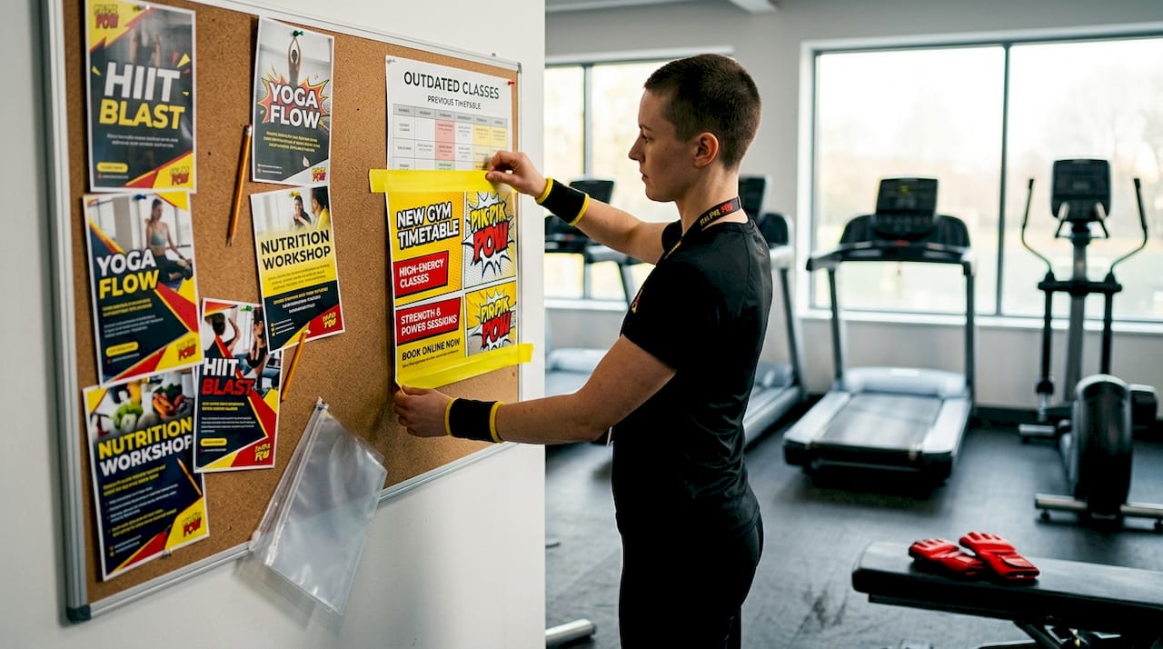 Staff member updating gym bulletin board