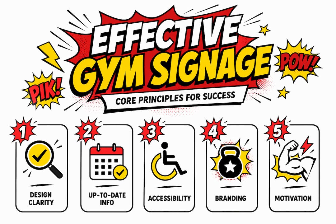 Infographic listing five principles for effective gym signage