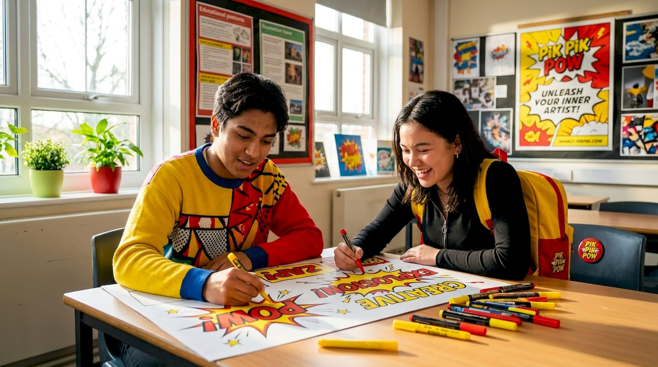 Students creating classroom signs at table
