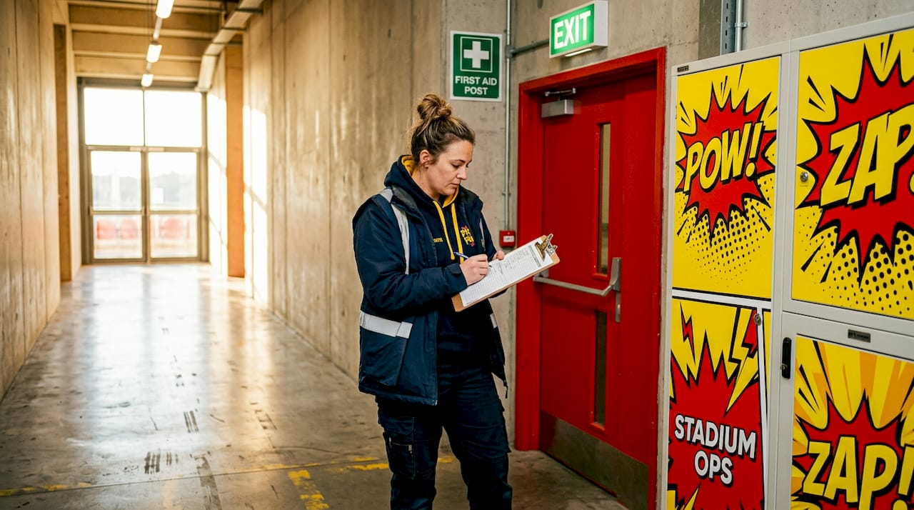 Safety inspector checks emergency exit signage