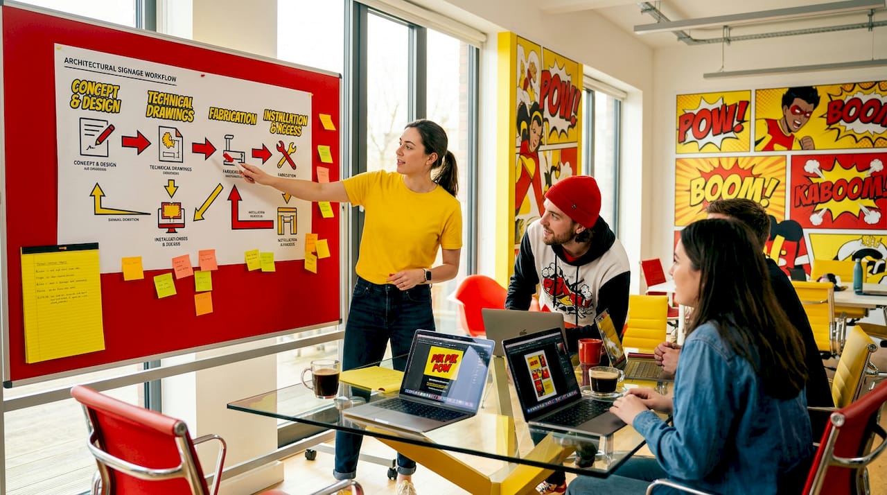 Team discussing architectural signage workflow