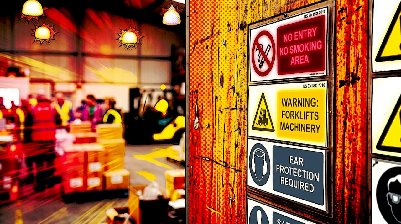 BS EN ISO 7010 standard compliant safety signs on wall