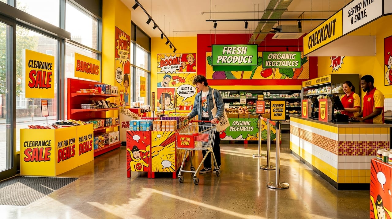 Retail store zones with strategic signage placement