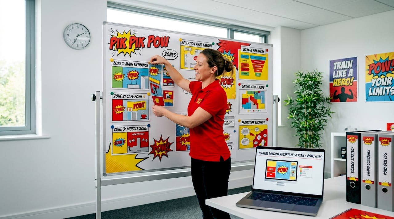 Gym manager planning zone signage on magnetic board