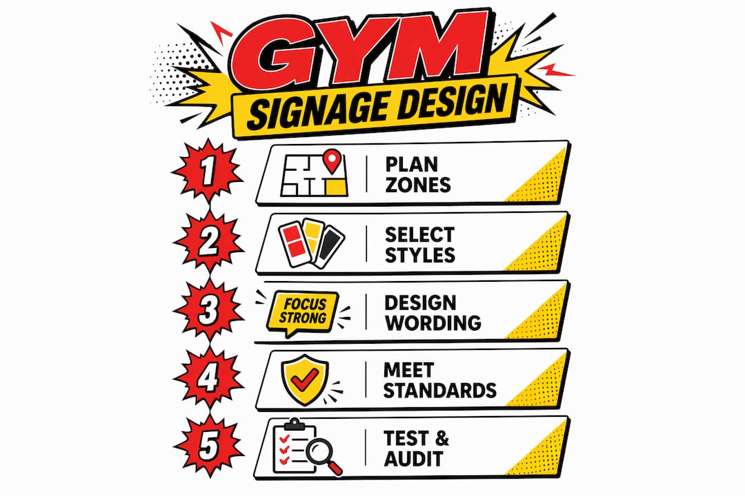 Infographic illustrating five steps of gym signage design