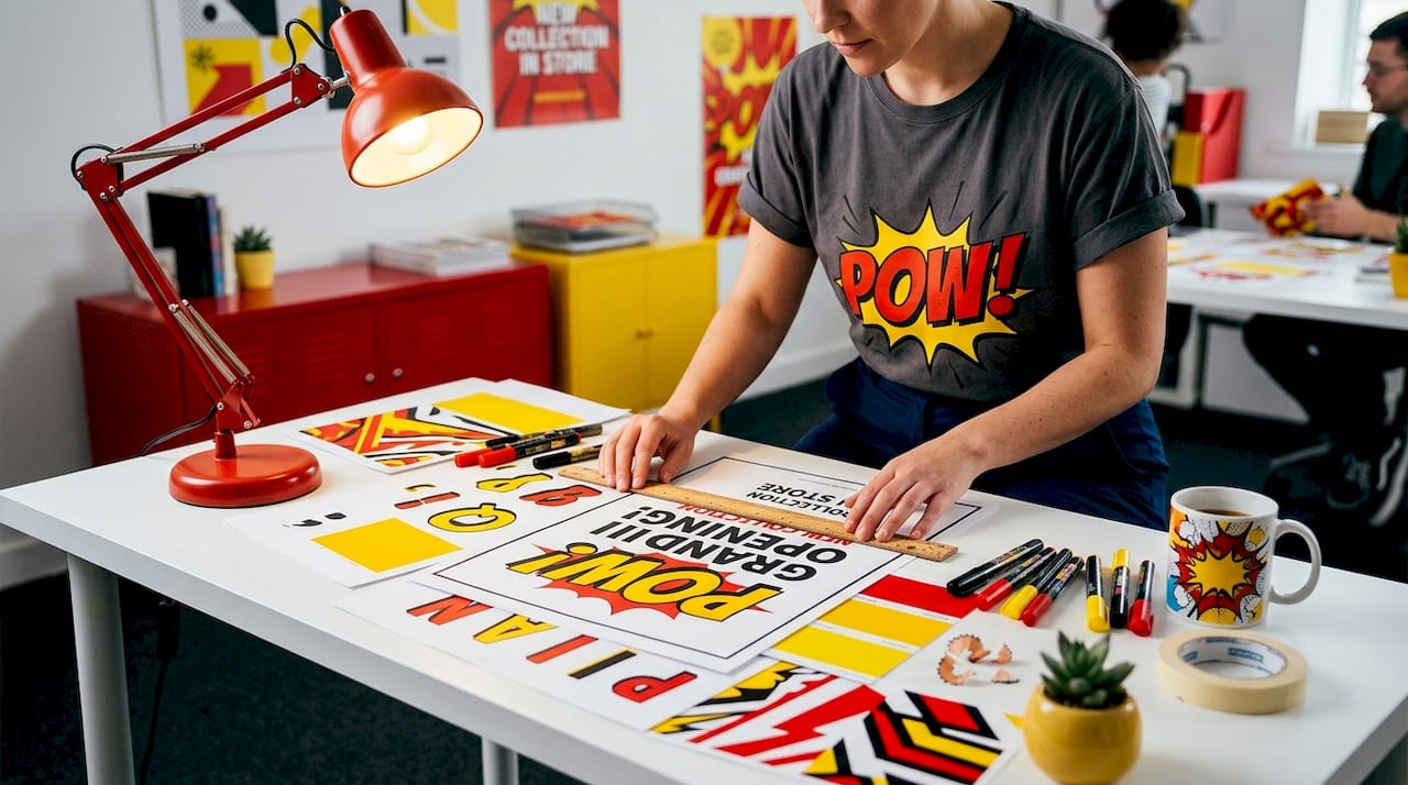 Designer reviewing legible retail signage proofs