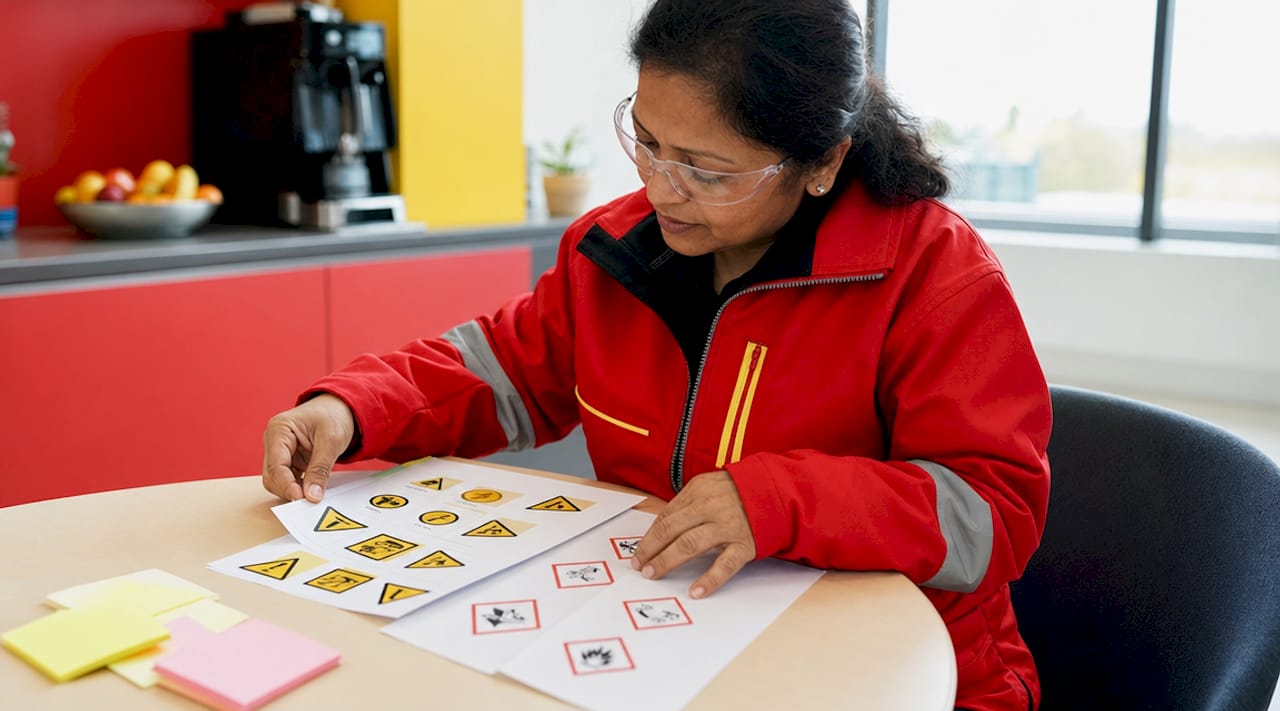 Woman inspecting hazard signage prints in warehouse office