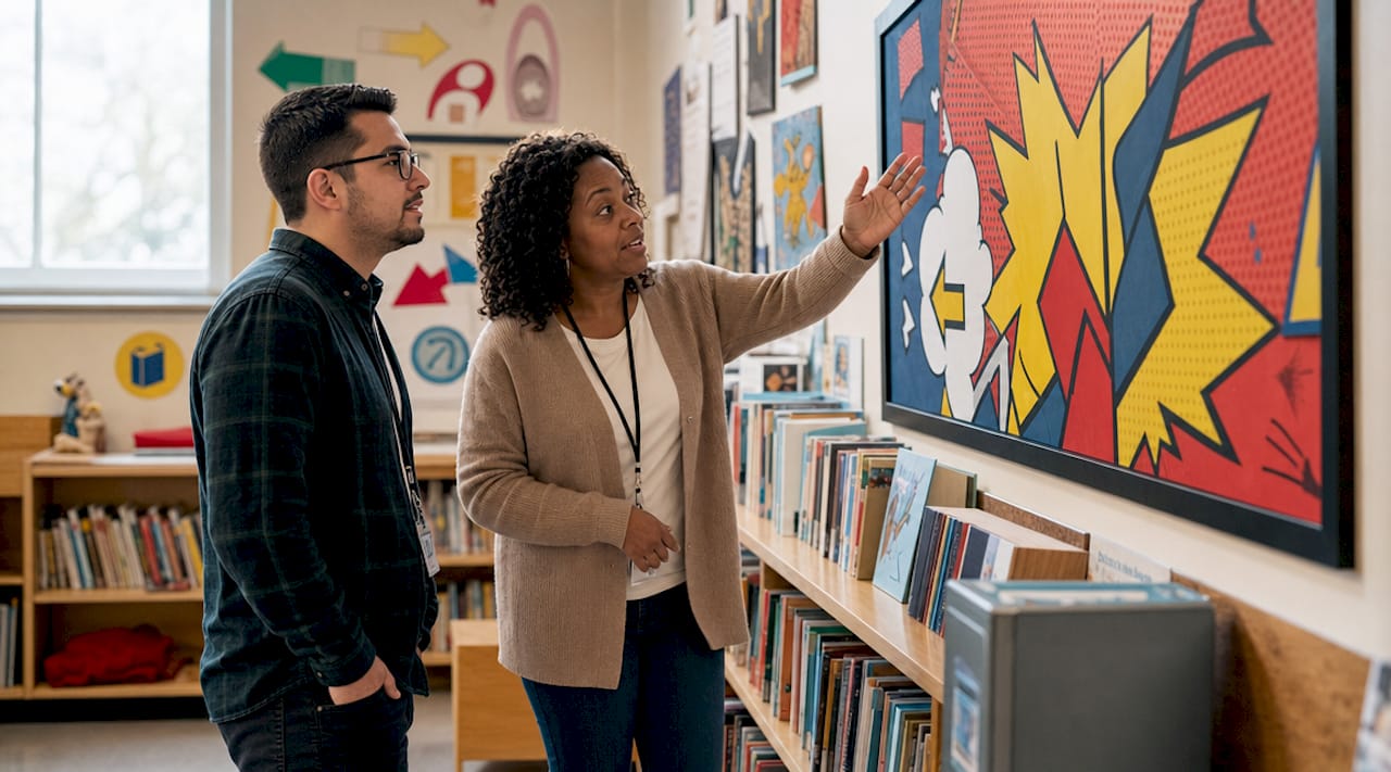 School staff discussing modern signage options