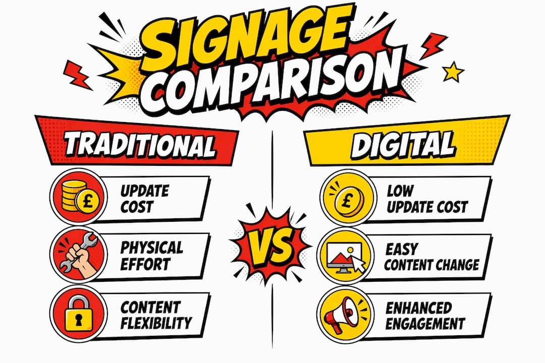 Comparison infographic of traditional vs digital signage